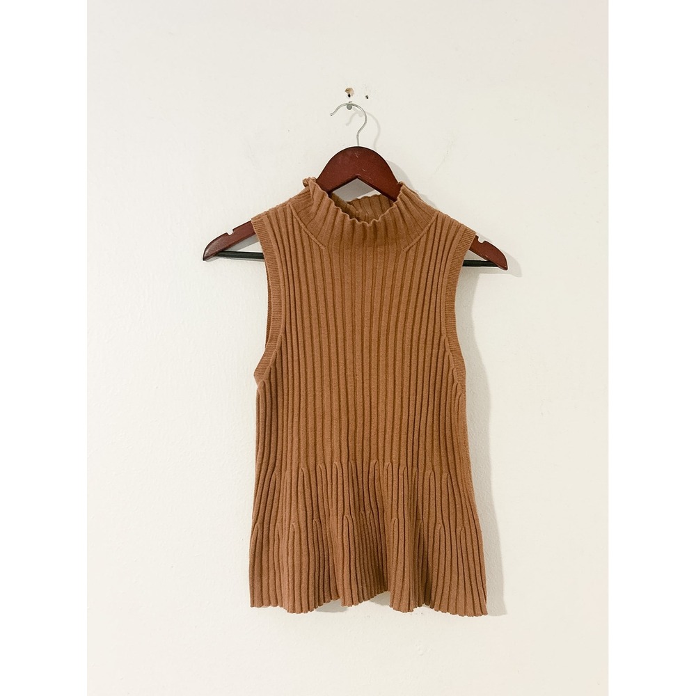 Anthropologie MOTH Wide-Ribbed Turtleneck Tank Wool‎ blend in Camel/Tan SZ M